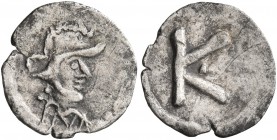 Anonymous, time of Justinian I, circa 530. Half Siliqua (Silver, 12 mm, 0.43 g, 8 h), Constantinopolis. Helmeted and draped bust of Constantinopolis t...