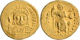 Justin II, 565-578. Solidus (Gold, 19 mm, 4.38 g, 7 h), Constantinopolis. D N IVSTINVS P P AVI Helmeted and cuirassed bust of Justin II facing, holdin...