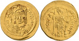 Justin II, 565-578. Solidus (Gold, 21 mm, 4.42 g, 6 h), Constantinopolis. D N IVSTINVS P P AVI Helmeted and cuirassed bust of Justin II facing, holdin...