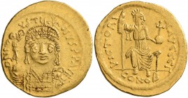 Justin II, 565-578. Solidus (Gold, 20 mm, 4.50 g, 7 h), Constantinopolis. D N IVSTINVS P P AVI Helmeted and cuirassed bust of Justin II facing, holdin...