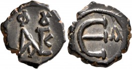 Justin II, 565-578. Pentanummium (Bronze, 14 mm, 1.76 g, 7 h), Constantinopolis. Monogram of Justin II. Rev. Large Є; in field to right, A. DOC 60a. M...