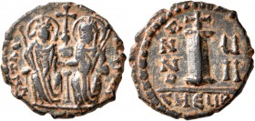 Justin II, with Sophia, 565-578. Dekanummium (Bronze, 18 mm, 2.95 g, 6 h), Theoupolis (Antiochia), 571-572. Justin II, holding scepter in his right ha...