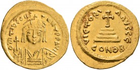 Tiberius II Constantine, 578-582. Solidus (Gold, 23 mm, 4.45 g, 6 h), Constantinopolis, 579-852. δ m TIb CONSTANT P P AVG Draped and cuirassed bust of...