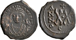 Maurice Tiberius (?), 582-602. Half Follis (Bronze, 23 mm, 6.25 g, 7 h), Theoupolis (Antiochia). D m TIЧ COTANS P AV Crowned facing bust of Maurice Ti...
