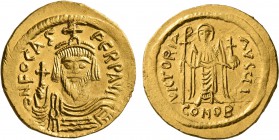 Phocas, 602-610. Solidus (Gold, 20 mm, 4.48 g, 7 h), Constantinopolis, 607-610. δ N FOCAS PЄRP AVI Draped and cuirassed bust of Phocas facing, wearing...