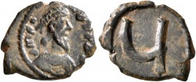 Phocas, 602-610. Pentanummium (Bronze, 15 mm, 1.33 g, 11 h), Constantinopolis. d m FOC P P AV Diademed, draped, bearded and cuirassed bust of Phocas t...