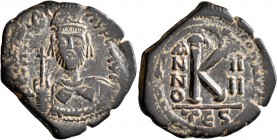 Phocas, 602-610. Half Follis (Bronze, 26 mm, 6.06 g, 6 h), Thessalonica, RY 4 = 605/6. Om FOCAЄ PERP AV Crowned, draped and cuirassed bust of Phocas f...