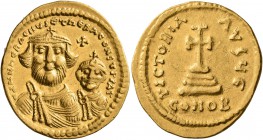 Heraclius, with Heraclius Constantine, 610-641. Solidus (Gold, 21 mm, 4.44 g, 6 h), Constantinopolis, circa 616-625. dd NN hERACLIЧS ET hERA CONST PP ...