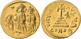 Heraclius, with Heraclius Constantine and Heraclonas, 610-641. Solidus (Gold, 21 mm, 4.48 g, 6 h), Constantinopolis, circa 632-635. Heraclius and Hera...
