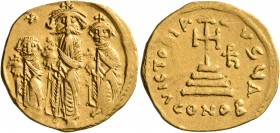 Heraclius, with Heraclius Constantine and Heraclonas, 610-641. Solidus (Gold, 21 mm, 4.38 g, 7 h), Constantinopolis, circa 632-635. Heraclius and Hera...