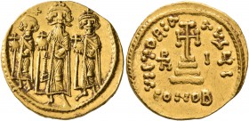 Heraclius, with Heraclius Constantine and Heraclonas, 610-641. Solidus (Gold, 20 mm, 4.39 g, 6 h), Constantinopolis, indictional year I (10) = 636/637...