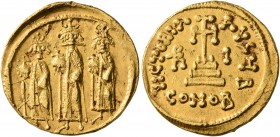 Heraclius, with Heraclius Constantine and Heraclonas, 610-641. Solidus (Gold, 20 mm, 4.43 g, 7 h), Constantinopolis, indictional year I (10) = 636/637...