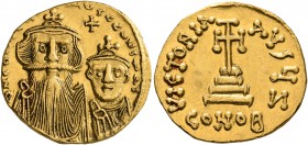 Constans II, with Constantine IV, 641-668. Solidus (Gold, 19 mm, 4.38 g, 7 h), Constantinopolis, 654-659. δ N CONSTANTINЧS C CONSTAI Crowned and drape...
