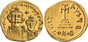 Constans II, with Constantine IV, 641-668. Solidus (Gold, 20 mm, 4.29 g, 7 h), Constantinopolis, circa 654-659. δ N CONSTANTINЧS C CONSTAN' Crowned an...