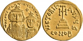 Constans II, with Constantine IV, 641-668. Solidus (Gold, 20 mm, 4.43 g, 7 h), Constantinopolis, circa 654-659. δ N CONSTANTINЧS C CONSTA Crowned and ...