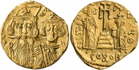 Constans II, with Constantine IV, Heraclius, and Tiberius, 641-668. Solidus (Gold, 19 mm, 4.15 g, 6 h), Constantinopolis, 661-663. d N [...] Facing bu...