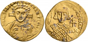 Justinian II, second reign, 705-711. Solidus (Gold, 21 mm, 4.42 g, 7 h), Constantinopolis, 705. δ N IҺS CҺS RЄX RЄGNANTIЧM Draped bust of Christ facin...