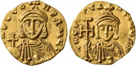 Leo III the "Isaurian", with Constantine V, 717-741. Tremissis (Gold, 15 mm, 1.45 g, 7 h), Syracuse, circa 735-741. n D LЄON P A MЧI Crowned bust of L...