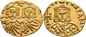 Constantine V Copronymus, with Leo IV, 741-775. Solidus (Gold, 20 mm, 3.85 g, 6 h), Syracuse, 751-775. CONTAN ΛЄON Crowned facing busts of Constantine...
