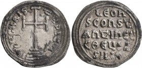 Leo IV the Khazar, with Constantine VI, 775-780. Miliaresion (Silver, 22 mm, 1.92 g, 12 h), Constantinopolis. IҺSЧS XRISTЧS ҺICA Cross potent set on t...