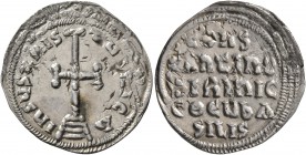 Constantine VI & Irene, 780-797. Miliaresion (Silver, 20 mm, 1.64 g, 12 h), Constantinopolis. IҺSЧS XRISTЧS ҺICA Cross potent set on three steps. Rev....