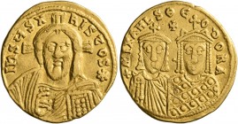 Michael III "the Drunkard", with Theodora, 842-867. Solidus (Gold, 20 mm, 4.41 g, 7 h), Constantinopolis, 843-856. IҺSЧS XRISTOS✱ Half-length bust of ...