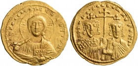 Constantine VII Porphyrogenitus, with Romanus II, 913-959. Solidus (Gold, 21 mm, 4.40 g, 6 h), Constantinopolis, 945-959. +IҺS XPS RЄX RЄGNANTIЧm' Nim...