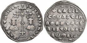 Basil II Bulgaroktonos, with Constantine VIII, 976-1025. Miliaresion (Silver, 22 mm, 2.10 g, 6 h), Constantinopolis, 977-989. ЄҺ TUVTω ҺICAT' baSILЄI ...