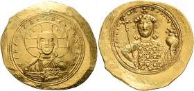 Constantine IX Monomachus, 1042-1055. Histamenon (Gold, 29 mm, 4.42 g, 6 h), Constantinopolis. +IhS XIS RЄX RЄGNANTInm Bust of Christ facing, with cro...