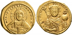 Constantine IX Monomachus, 1042-1055. Tetarteron (Gold, 18 mm, 4.03 g, 6 h), Constantinopolis. +IҺS XRS RЄX RЄGNANTIm Bust of Christ facing with cross...