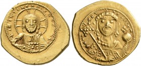 Constantine IX Monomachus, 1042-1055. Tetarteron (Gold, 19 mm, 4.08 g, 6 h), Constantinopolis. +IҺS XRS RЄX RЄGNANTIm Bust of Christ facing with cross...
