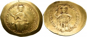 Isaac I Comnenus, 1057-1059. Histamenon (Gold, 27 mm, 4.38 g, 6 h), Constantinopolis. +I hZ XIZ RЄX RCςNANTҺIm Nimbate Christ enthroned facing, wearin...
