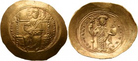 Constantine X Ducas, 1059-1067. Histamenon (Gold, 28 mm, 4.37 g, 6 h), Constantinopolis. +I XIS RЄX RЄINANTҺI Christ, nimbate, seated facing on square...