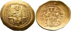 Constantine X Ducas, 1059-1067. Histamenon (Gold, 28 mm, 4.39 g, 6 h), Constantinopolis. +I hS XIS RЄX RЄςNANTҺIm Christ, nimbate, seated facing on sq...