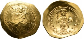 Constantine X Ducas, 1059-1067. Histamenon (Gold, 26 mm, 4.34 g, 6 h), Constantinopolis. +IhS XIS RЄX RЄςNANTҺIm Christ, nimbate, seated facing on squ...