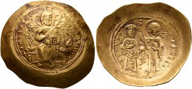 Constantine X Ducas, 1059-1067. Histamenon (Gold, 27 mm, 4.40 g, 7 h), Constantinopolis. +I hS XIS RЄX RЄςNANTIhm Christ, nimbate, seated facing on ly...