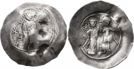 Manuel I Comnenus, 1143-1180. Aspron Trachy (Electrum, 29 mm, 4.12 g, 5 h), Constantinopolis. IC - XC Christ Pantokrator standing facing on dais; in f...