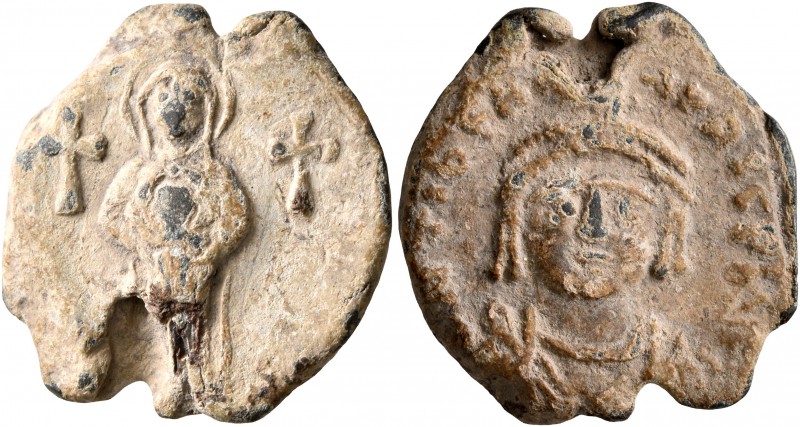Maurice Tiberius, 582-602. Seal (Lead, 20 mm, 6.53 g, 12 h). The Virgin standing...