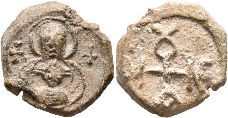 Menelaos, 6th-7th century. Seal (Lead, 21 mm, 9.25 g, 12 h). Nimbate Theotokos h...
