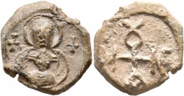 Menelaos, 6th-7th century. Seal (Lead, 21 mm, 9.25 g, 12 h). Nimbate Theotokos holding Christ, wearing cross nimbus; on either side, cross. Rev. MENEΛ...
