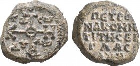 Petronas, komes of the vigla, 8th century. Seal (Lead, 25 mm, 23.27 g, 12 h). Large cruciform monogram of ΘEOTOKE BOHΘH; in corners, Tω / Cω / Δ૪/Λω (...