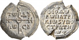Theodoros, patrikios and hypostrategos, 2nd half of 8th century. Seal (Lead, 31 mm, 18.74 g, 12 h). Large cruciform monogram of KVPIE BOHΘH; in corner...