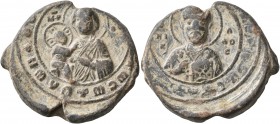Uncertain, 11th century. Seal (Lead, 28 mm, 15.20 g, 12 h). [ΘKE R,Θ,]Tω Cω Δ૪Λω HΛO [...] Nimbate Theotokos “Dexiokratousa” standing on dais, holding...