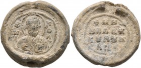 Nikolaos, monk and kouboukleisios, 11th century. Seal (Lead, 19 mm, 6.11 g, 12 h). Θ / N/I-K/O/Λ, Nimbate bust of Saint Nicholas, raising his right ha...