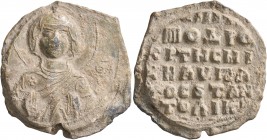 Michael, hypatos, krites of the Hippodrome and of Anatolikon, 11th century. Seal (Lead, 31 mm, 17.11 g, 12 h). [ MHP ] - ΘV Nimbate Theotokos, both ha...