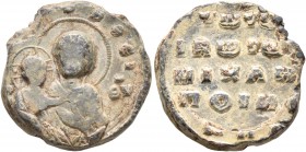 Michael, bishop ('poimenarches') of Ibora, 11th century. Seal (Lead, 19 mm, 8.88 g, 12 h). [...]OHΘEI; to right, ΘV ('Mother of God, help') Nimbate Th...