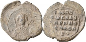 Charpen (Harb), protospatharios, 11th century. Seal (Lead, 31 mm, 14.81 g, 12 h). To left, Θ/Γ/Є; to right, ω[/P/Γ] Nimbate facing bust of Saint Georg...
