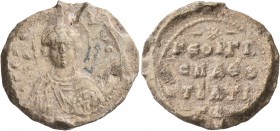 Georgios, protospatharios and strategos, 11th century. Seal (Lead, 26 mm, 13.76 g, 12 h). KЄ RΘ - Tω C[ω Δ,]; in fields, Θ/Γ[...]-O Nimbate facing bus...