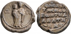 Zoe Dabatene, 2nd half of 11th century. Seal (Lead, 21 mm, 9.27 g, 12 h). MHP - ΘV Nimbate Theotokos “Dexiokratousa” standing on dais, holding Christ,...