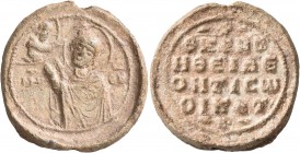 Leon, 12th century. Seal (Lead, 28 mm, 15.82 g, 12 h). MHP - ΘV Half-length figure of the Theotokos “Hagiosoritissa" to left, nimbate, both hands rais...